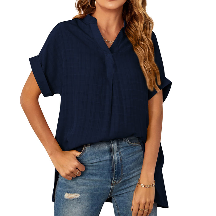 Women's V-Neck Short Sleeve Solid Color Thin Loose Check Shirt - Livefree