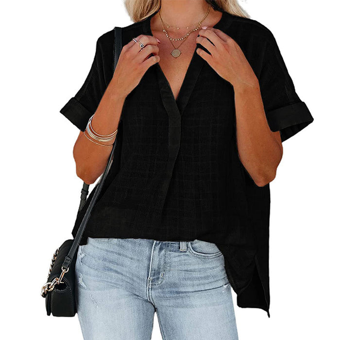 Women's V-Neck Short Sleeve Solid Color Thin Loose Check Shirt - Livefree