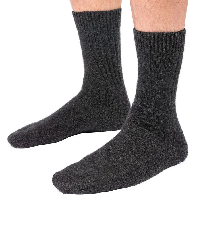Zpacks Brushtail Possum Socks in charcoal – worn, angled view