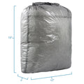 Zpacks Large Rectangle Dry Bag in grey Dyneema, roll-top closed – studio view with dimensions (13 x 11 x 6 in)