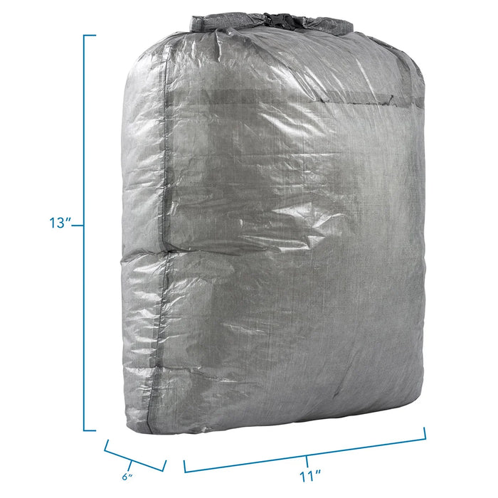 Zpacks Large Rectangle Dry Bag in grey Dyneema, roll-top closed – studio view with dimensions (13 x 11 x 6 in)