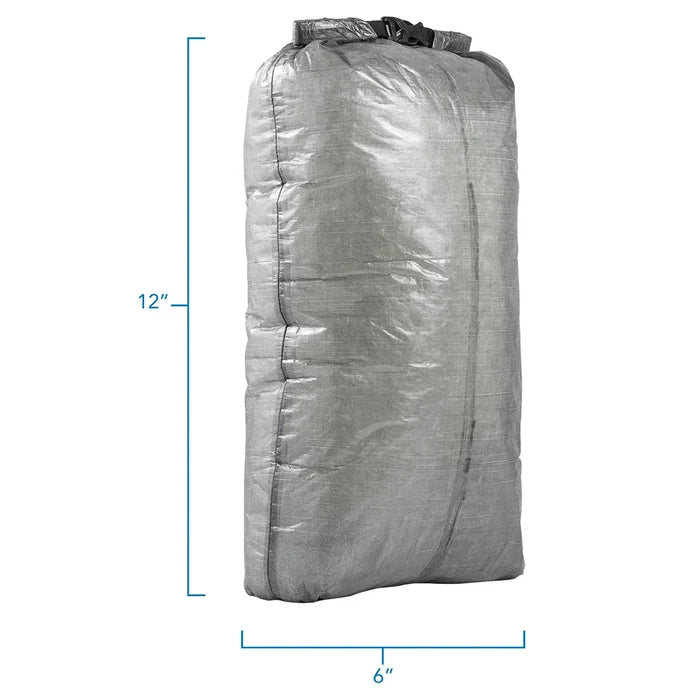 Zpacks Medium Dry Bag in grey – studio view with dimensions