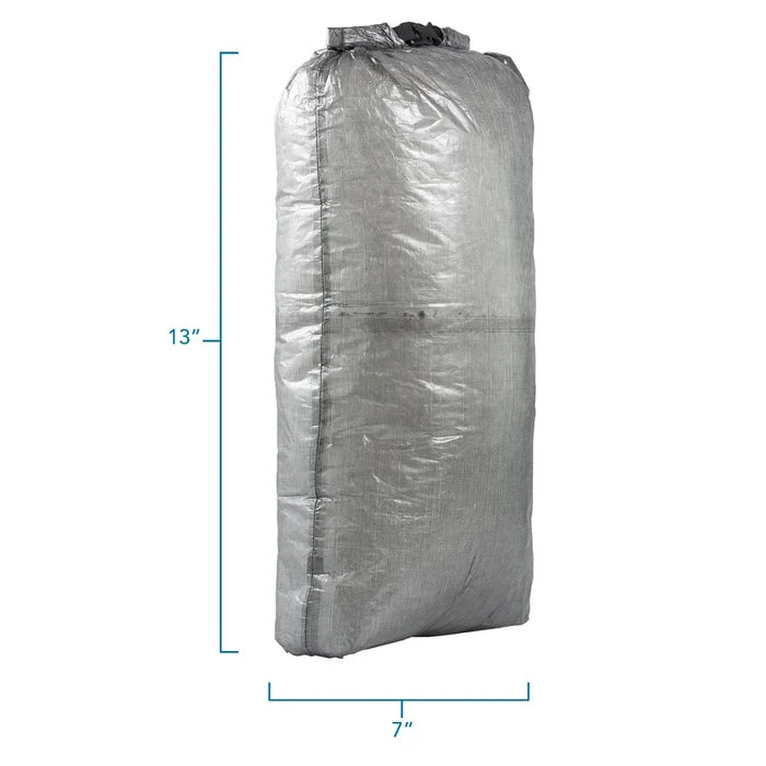 Zpacks Medium-Plus Dry Bag in grey Dyneema, roll-top closed – studio view with dimensions (13 x 7 in)