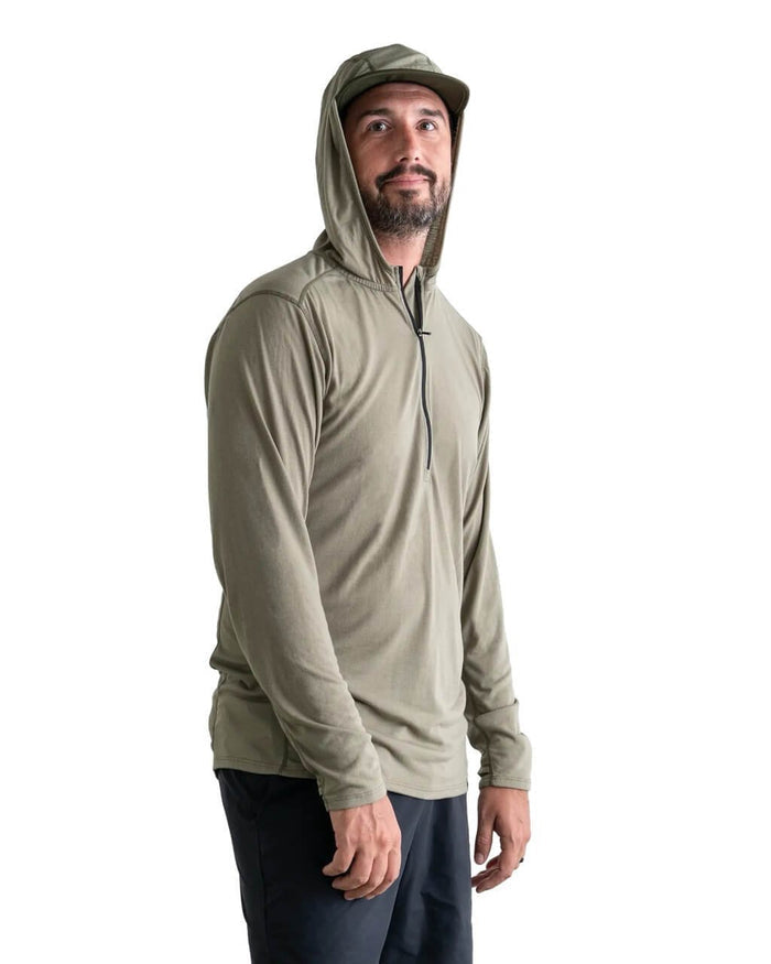 Zpacks Mirage Merino Sun Hoody in Light Olive worn, front view