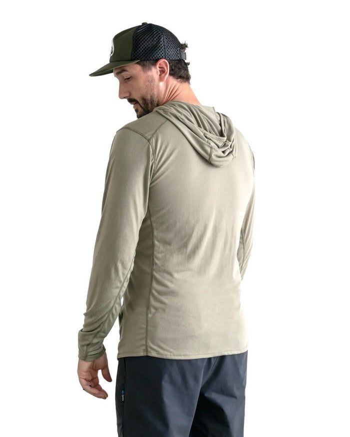 Zpacks Mirage Merino Sun Hoody in Light Olive worn with hood up