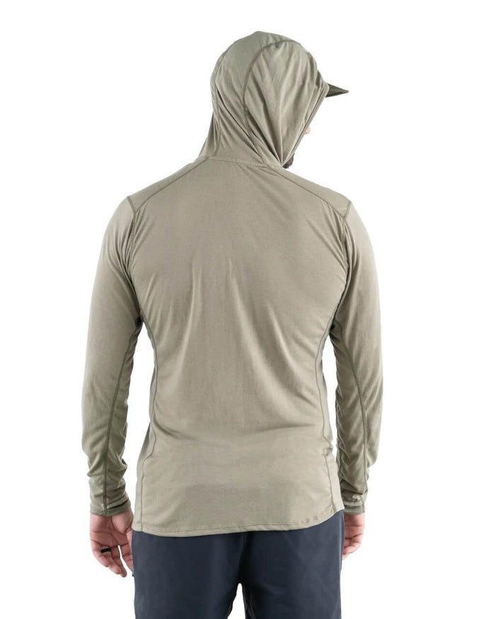 Zpacks Mirage Merino Sun Hoody in Light Olive worn, back view with hood up