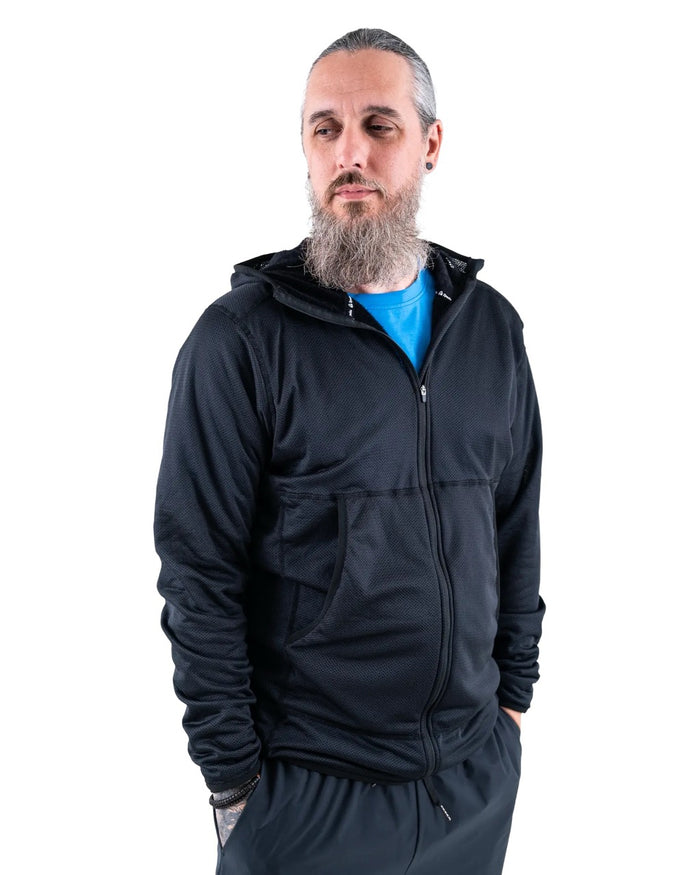 Zpacks Octa Fleece Hoody in black – worn zipped, front view