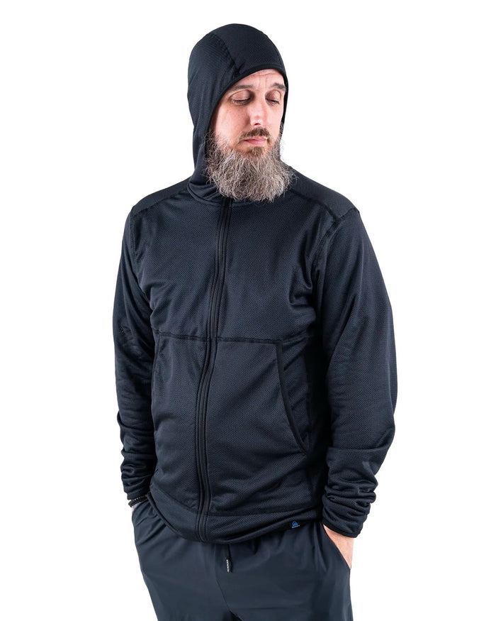Zpacks Octa Fleece Hoody in black – worn with the hood up, front