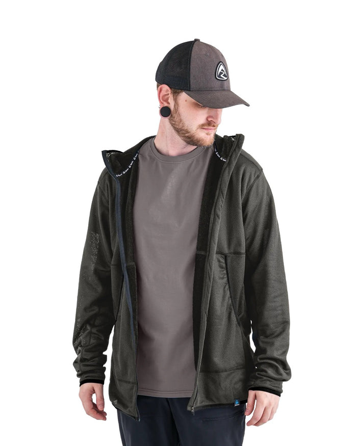 Zpacks Octa Fleece Hoody in olive – worn unzipped, front view