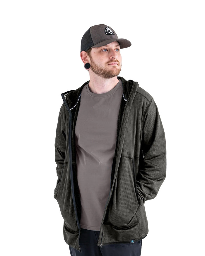 Zpacks Octa Fleece Hoody in olive – worn open over a shirt