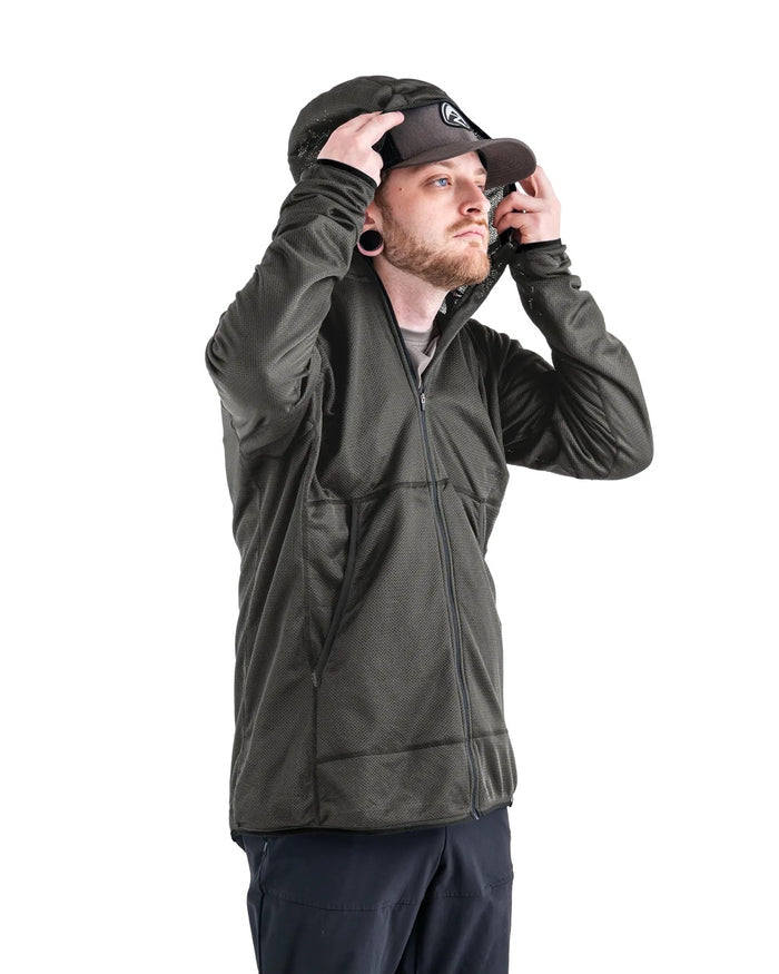 Zpacks Octa Fleece Hoody in olive – worn with the hood, adjusting cap