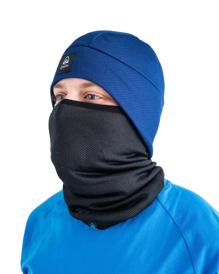 Zpacks Octa Fleece Neck Gaiter in blue – worn over the face
