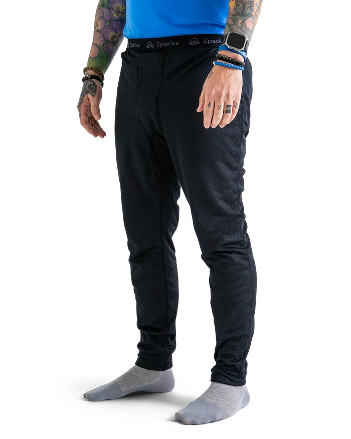 Zpacks Octa Fleece Thermal Bottoms in black – worn, front three-quarter view