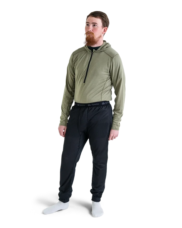 Zpacks Octa Fleece Thermal Bottoms in black – worn full-length, front