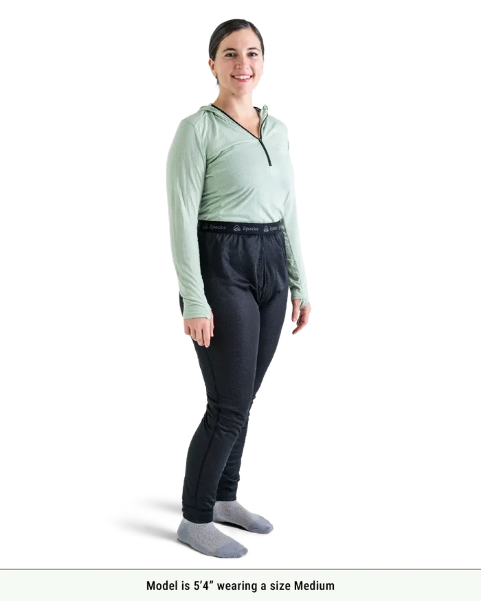 Zpacks Octa Fleece Thermal Bottoms in black – worn, side view, size reference