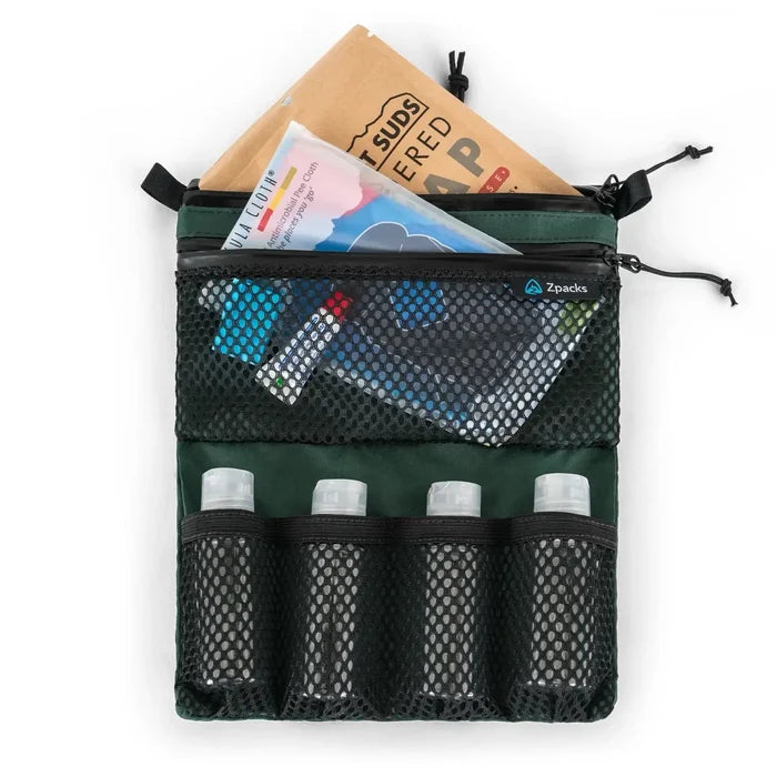 Zpacks Shower Satchel in green – open with toiletries and cards