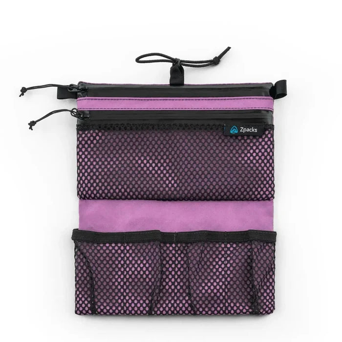 Zpacks Shower Satchel in lilac – open, showing mesh pockets