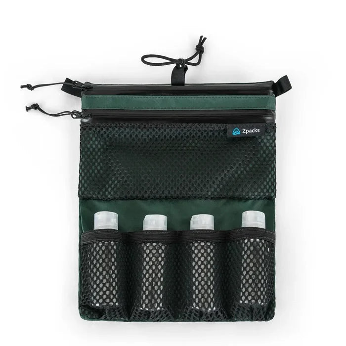 Zpacks Shower Satchel in green – open flat with toiletry bottles