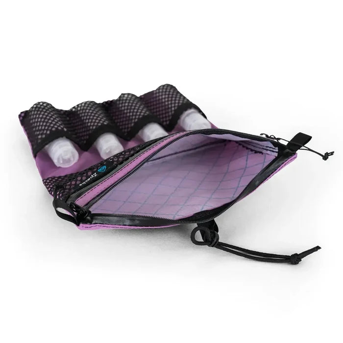 Zpacks Shower Satchel in lilac – open flat with bottles in mesh