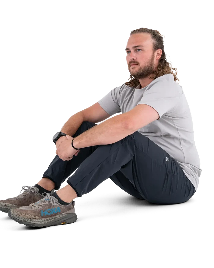 Zpacks Trail Cool Joggers in charcoal – worn seated, side
