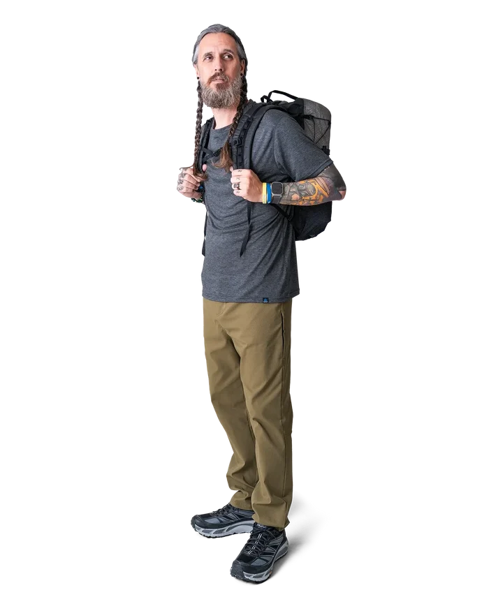 Zpacks Travel & Trail Hiking Pants in olive – worn with a backpack, front