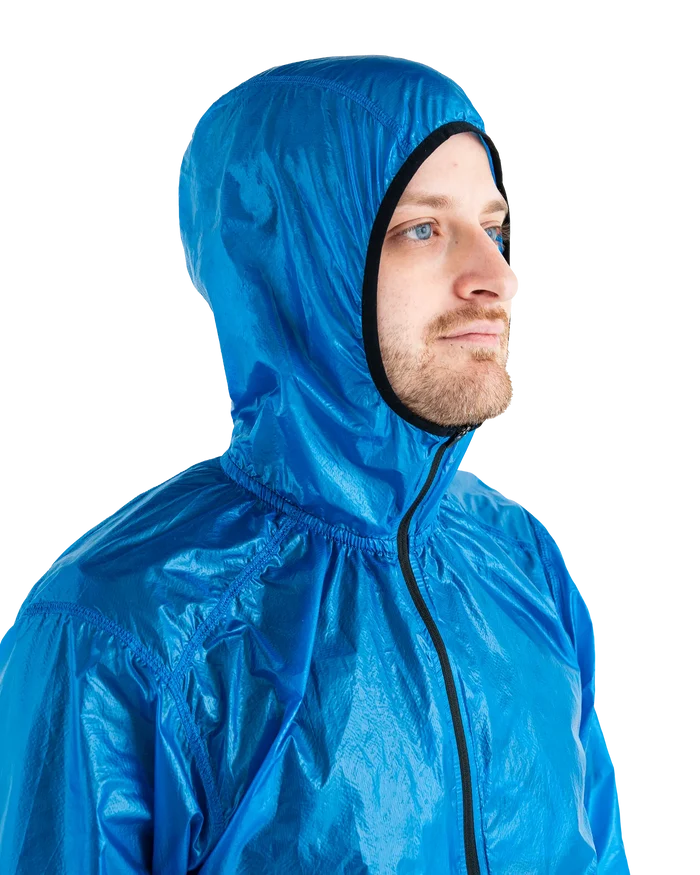Zpacks Ventum Wind Shell Jacket in blue – worn with hood up, three-quarter