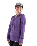 Zpacks Women's Mirage Merino Sun Hoody in Purple worn, front view