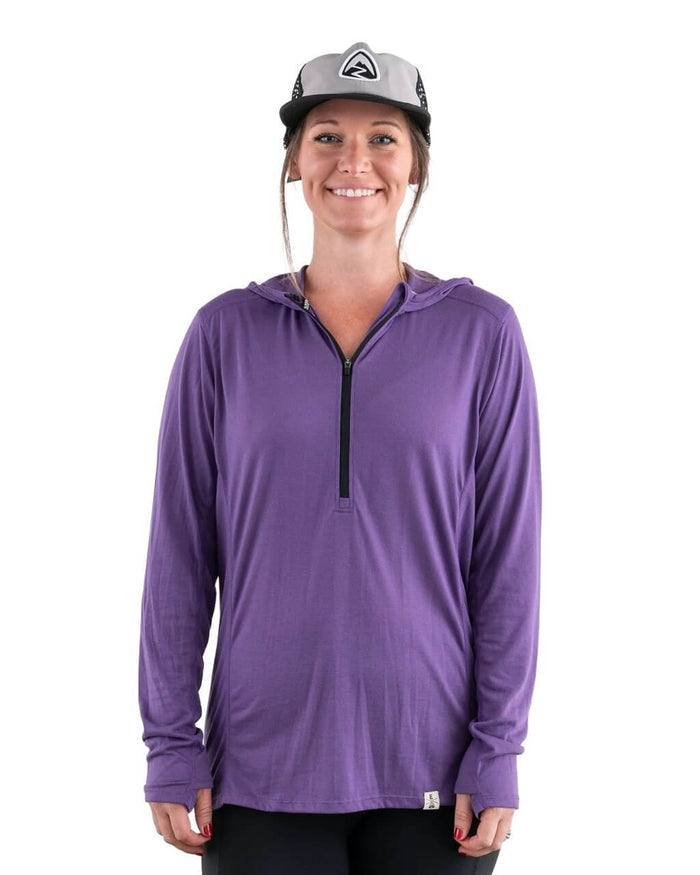 Zpacks Women's Mirage Merino Sun Hoody in Purple worn, front view
