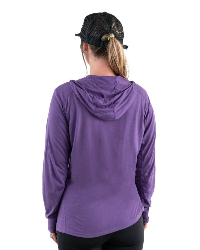 Zpacks Women's Mirage Merino Sun Hoody in Purple worn, back view