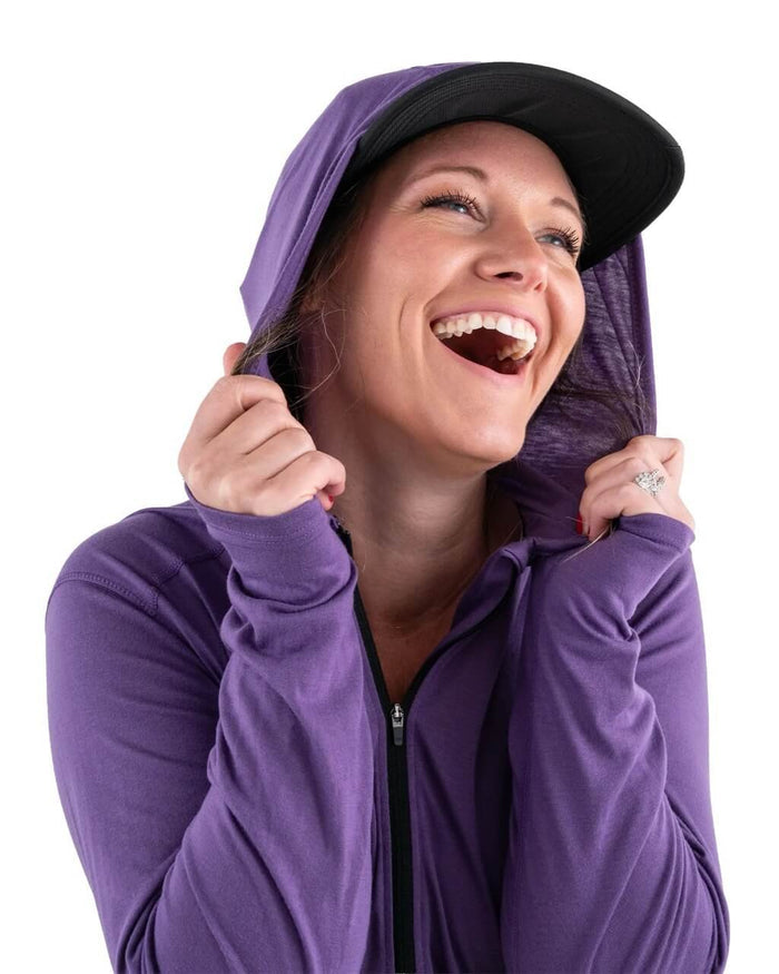 Zpacks Women's Mirage Merino Sun Hoody in Purple worn with hood up