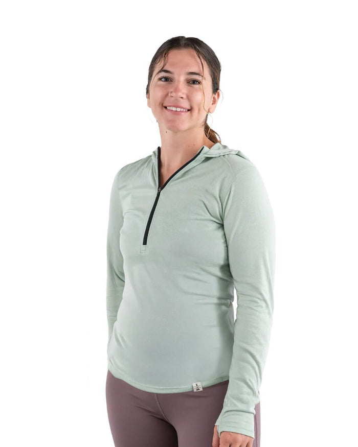 Zpacks Women's Mirage Merino Sun Hoody in Mint worn, front view