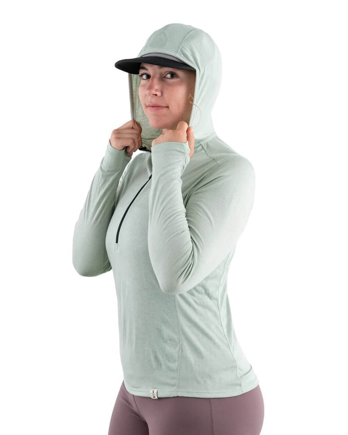 Zpacks Women's Mirage Merino Sun Hoody in Mint worn, front view