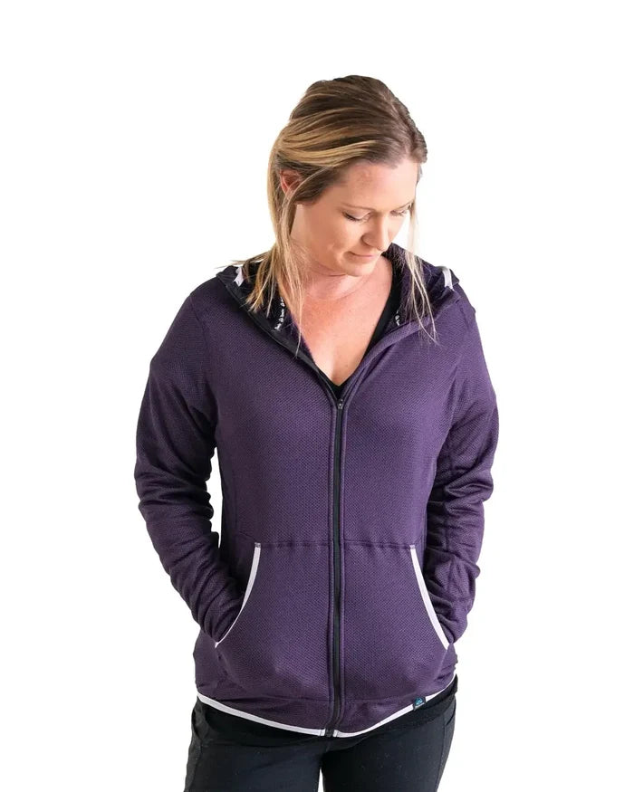 Zpacks Women’s Octa Fleece Hoody Full Zip in violet – worn, three-quarter view