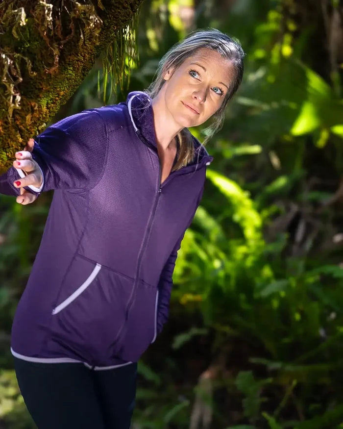 Zpacks Women’s Octa Fleece Hoody Full Zip in violet – worn outdoors