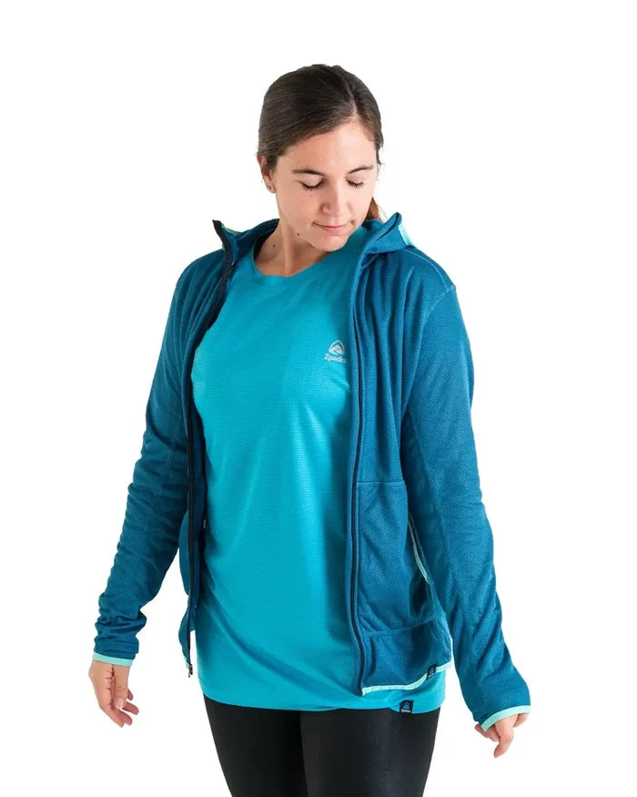 Zpacks Women’s Octa Fleece Hoody Full Zip in blue – worn open, three-quarter view