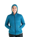 Zpacks Women’s Octa Fleece Hoody Full Zip in blue – worn hood up, front view