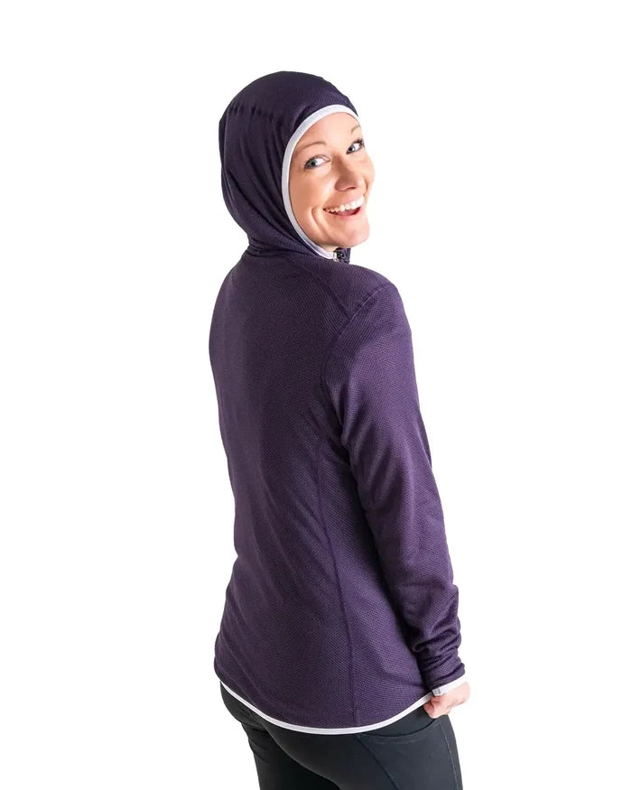 Zpacks Women’s Octa Fleece Hoody Full Zip in violet – worn hood up outdoors