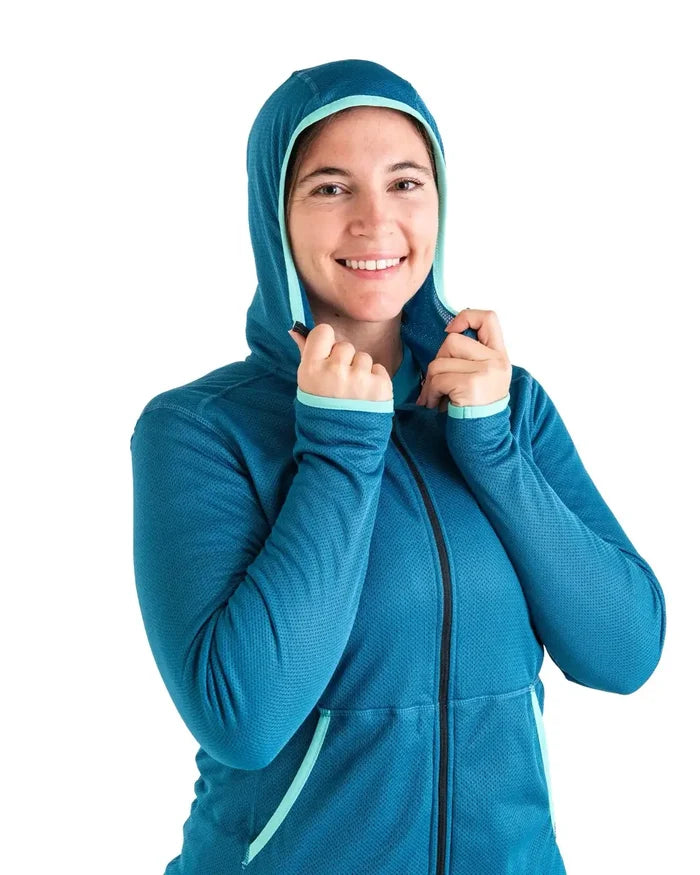 Zpacks Women’s Octa Fleece Hoody Full Zip in blue – hood up, cuffs over hands