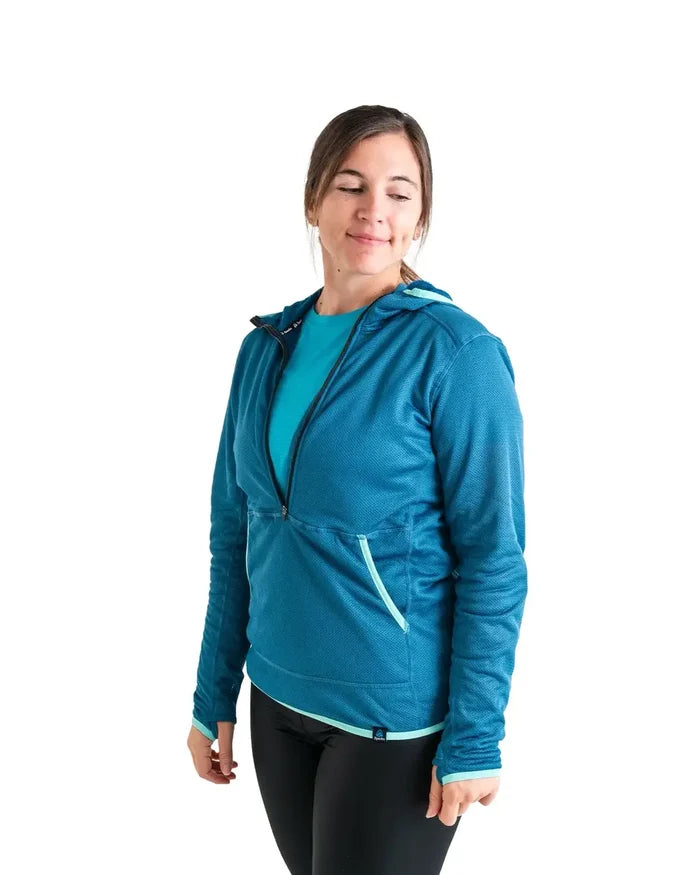 Zpacks Women’s Octa Fleece Hoody in blue – worn, three-quarter front view