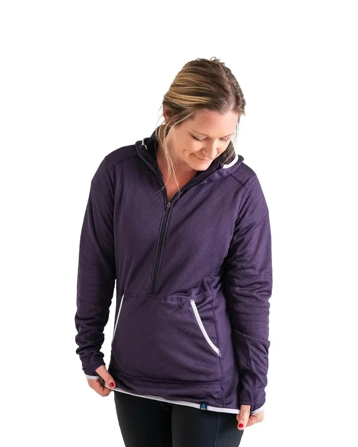 Zpacks Women’s Octa Fleece Hoody in violet – worn, three-quarter front view