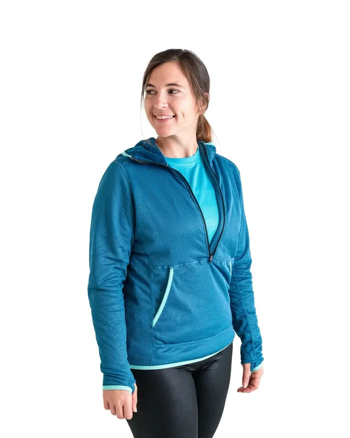 Zpacks Women’s Octa Fleece Hoody in blue – worn front view