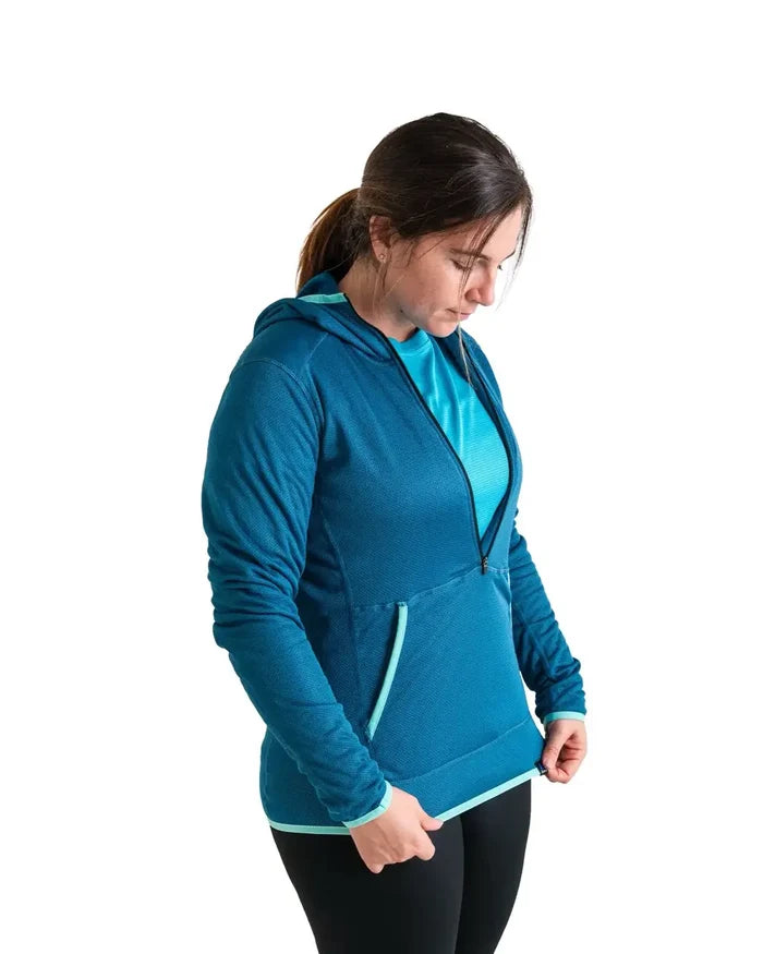 Zpacks Women’s Octa Fleece Hoody in blue – worn, side three-quarter view