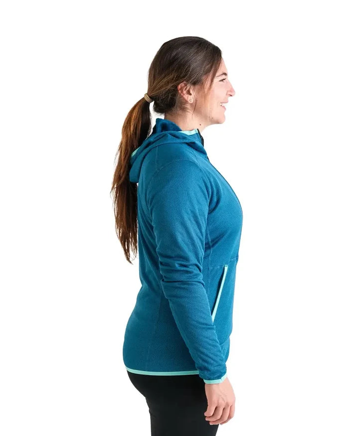 Zpacks Women’s Octa Fleece Hoody in blue – worn, side profile view