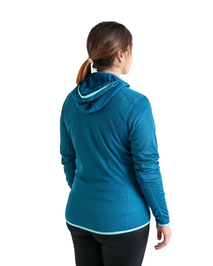 Zpacks Women’s Octa Fleece Hoody in blue – worn, rear three-quarter view